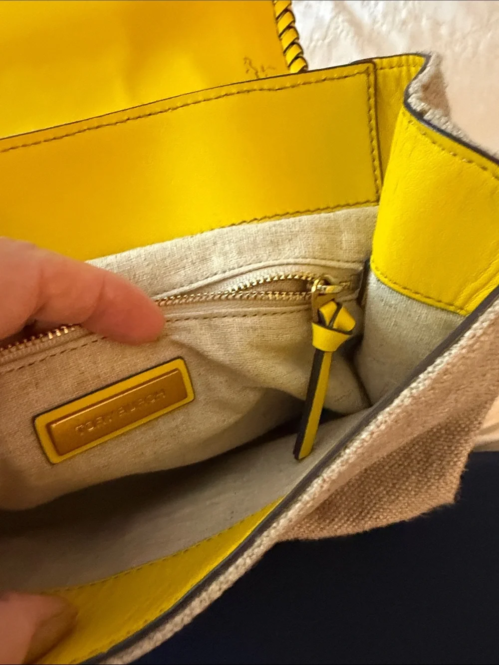 Tory Burch Beige Canvas Mini Backpack with Yellow Trim